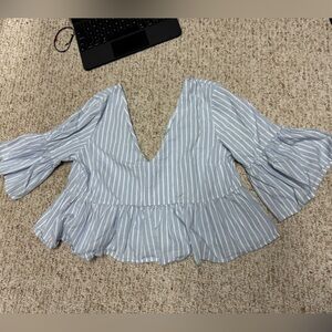 Sincerely Jules Blue and White Striped V neck Top